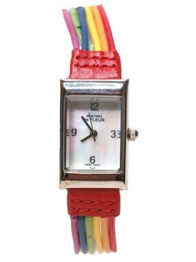 Montres De Fleur Rainbow Striped Faux Leather Strap Watch Mother of Pearl Face